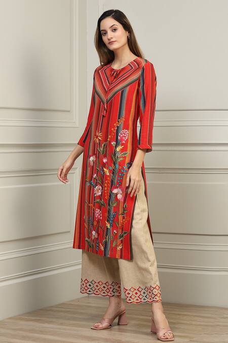 RANNA GILL_Red Linen Striped Tunic Pant Set_Online_at_Aza_Fashions