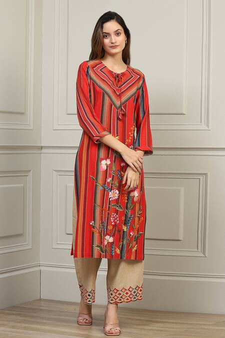 Buy_RANNA GILL_Red Linen Striped Tunic Pant Set_Online_at_Aza_Fashions