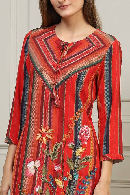 RANNA GILL_Red Linen Striped Tunic Pant Set_at_Aza_Fashions