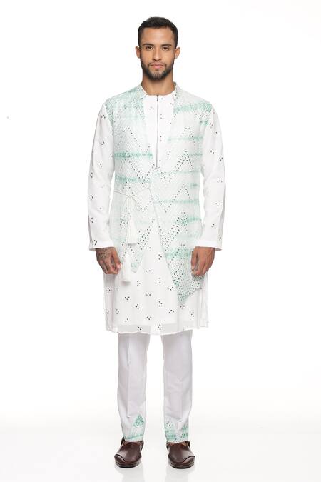 Buy_Paresh Lamba Signatures_Green Georgette Embroidery Mirror Bundi And Kurta Set _Online_at_Aza_Fashions