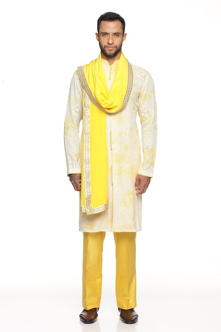 Buy_Paresh Lamba Signatures_Yellow Cotton, Georgette Floral Tie Dye Kurta Set_Online_at_Aza_Fashions