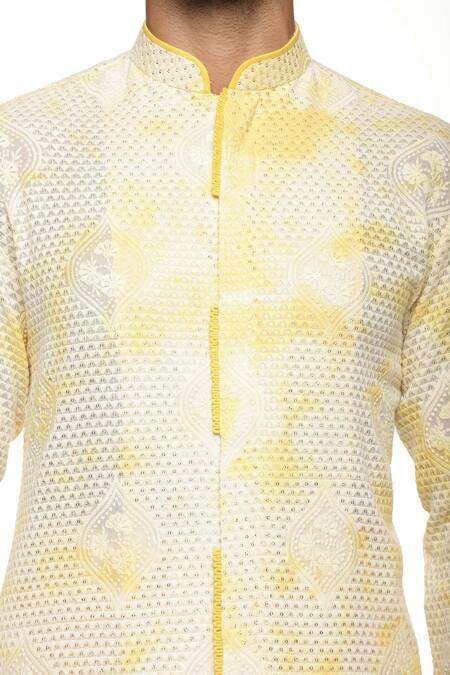 Shop_Paresh Lamba Signatures_Yellow Cotton, Georgette Floral Tie Dye Kurta Set_Online_at_Aza_Fashions