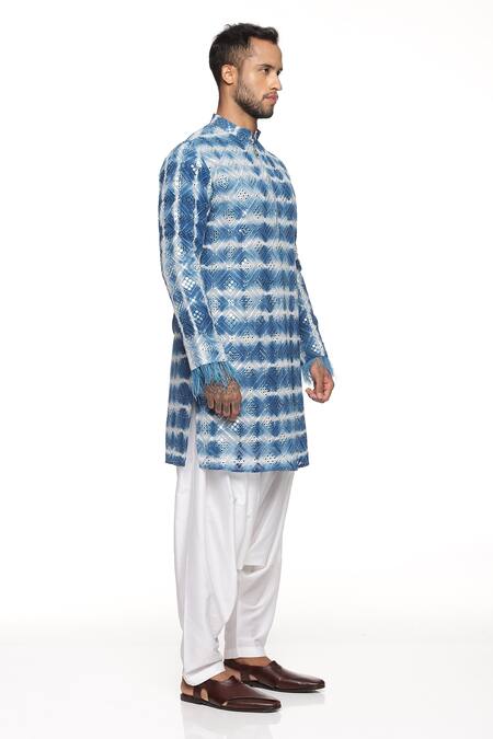 Paresh Lamba Signatures_Blue Cotton, Georgette Mirror Embroidered Kurta Set_Online_at_Aza_Fashions