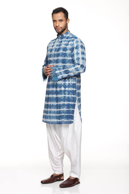 Buy_Paresh Lamba Signatures_Blue Cotton, Georgette Mirror Embroidered Kurta Set_Online_at_Aza_Fashions