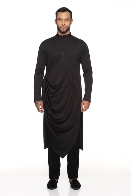 Paresh Lamba Signatures_Black Polyester Silk Hand Embroidery Asymmetric Bundi And Kurta Set  _Online_at_Aza_Fashions