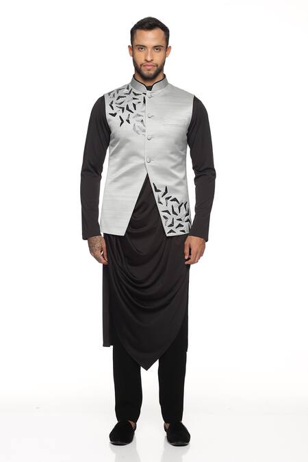 Buy_Paresh Lamba Signatures_Black Polyester Silk Hand Embroidery Asymmetric Bundi And Kurta Set  _Online_at_Aza_Fashions