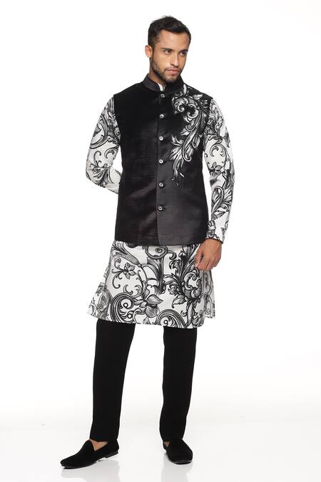 Buy_Paresh Lamba Signatures_Black Cotton, Bamboo Velvet Victorian Embroidered Bundi And Kurta Set_Online_at_Aza_Fashions