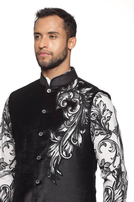 Shop_Paresh Lamba Signatures_Black Cotton, Bamboo Velvet Victorian Embroidered Bundi And Kurta Set_Online_at_Aza_Fashions