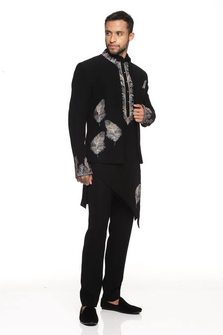 Paresh Lamba Signatures_Black Japanese Cupro Embroidery Leaf Bandhgala Kurta Set _Online_at_Aza_Fashions