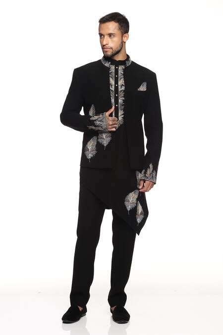 Buy_Paresh Lamba Signatures_Black Japanese Cupro Embroidery Leaf Bandhgala Kurta Set _Online_at_Aza_Fashions