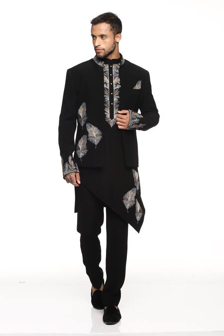 Shop_Paresh Lamba Signatures_Black Japanese Cupro Embroidery Leaf Bandhgala Kurta Set _Online_at_Aza_Fashions
