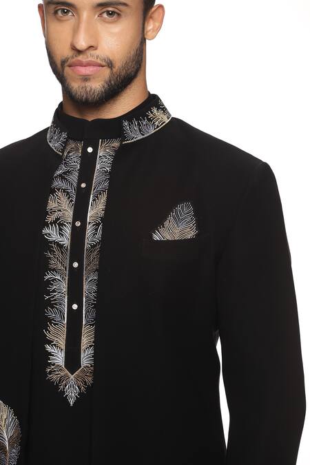 Paresh Lamba Signatures_Black Japanese Cupro Embroidery Leaf Bandhgala Kurta Set _at_Aza_Fashions