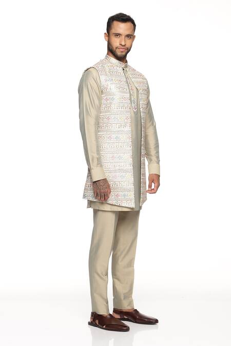 Paresh Lamba Signatures_White Georgette, Cotton Silk Floral, Sequin Embroidered Bundi And Kurta Set_Online_at_Aza_Fashions