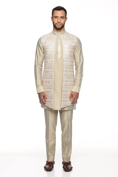Buy_Paresh Lamba Signatures_White Georgette, Cotton Silk Floral, Sequin Embroidered Bundi And Kurta Set_Online_at_Aza_Fashions
