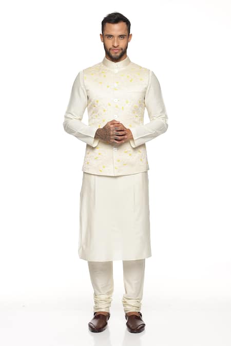 Paresh Lamba Signatures Cream Polyester Silk Hand Embroidery Floral Bundi And Kurta Set  