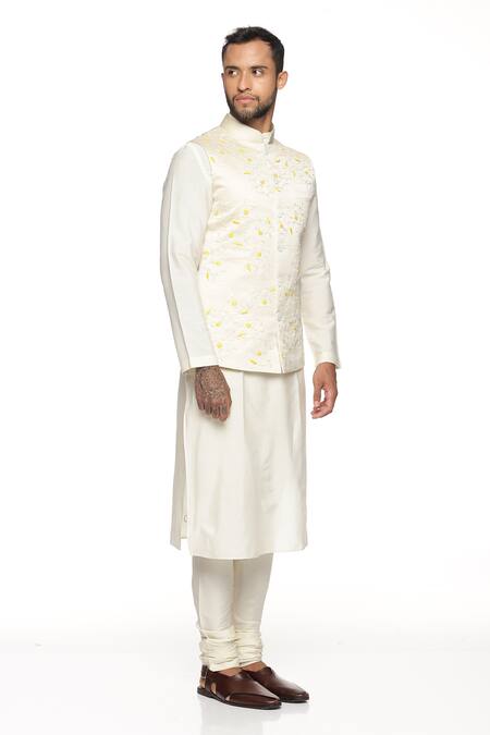 Paresh Lamba Signatures_Cream Polyester Silk Hand Embroidery Floral Bundi And Kurta Set  _Online_at_Aza_Fashions