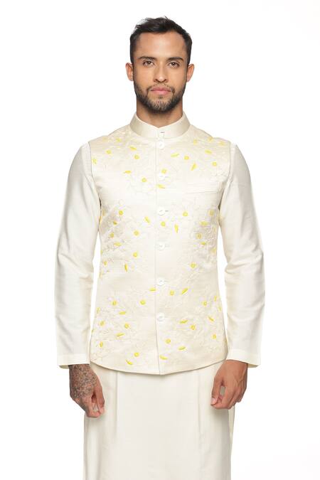Shop_Paresh Lamba Signatures_Cream Polyester Silk Hand Embroidery Floral Bundi And Kurta Set  _Online_at_Aza_Fashions