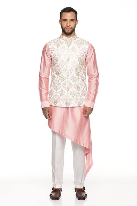 Buy_Paresh Lamba Signatures_Cream Banarasi , Cotton Floral Bundi And Kurta Set_Online_at_Aza_Fashions