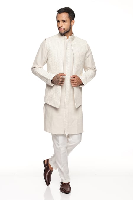 Paresh Lamba Signatures Cream Linen Embroidery Geometric Bundi And Kurta Set  