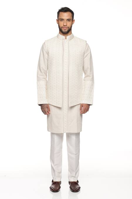 Buy_Paresh Lamba Signatures_Cream Linen Embroidery Geometric Bundi And Kurta Set  _Online_at_Aza_Fashions