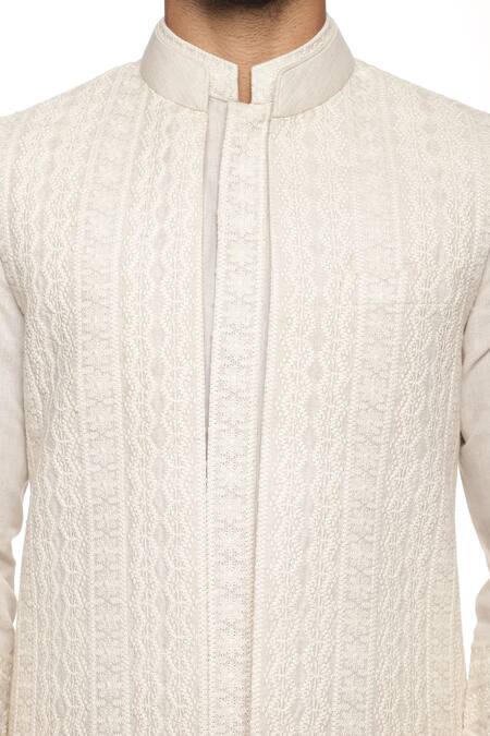 Paresh Lamba Signatures_Cream Linen Embroidery Geometric Bundi And Kurta Set  _at_Aza_Fashions