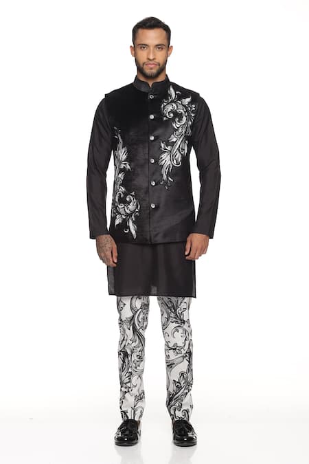 Buy_Paresh Lamba Signatures_Black Velvet, Lycra, Silk Floral Embroidered Bundi And Kurta Set_Online_at_Aza_Fashions