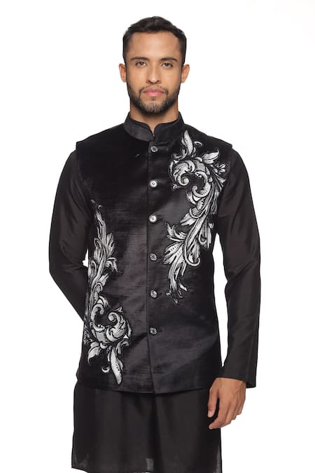 Shop_Paresh Lamba Signatures_Black Velvet, Lycra, Silk Floral Embroidered Bundi And Kurta Set_Online_at_Aza_Fashions