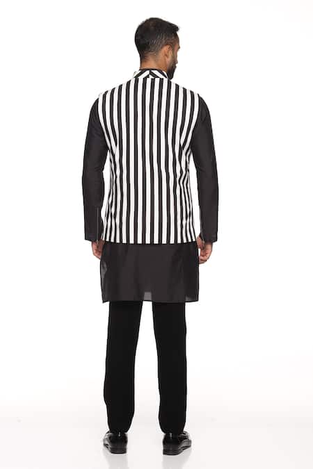 Shop_Paresh Lamba Signatures_Black Silk, Cotton Leaf Asymmetric Bundi And Kurta Set _at_Aza_Fashions