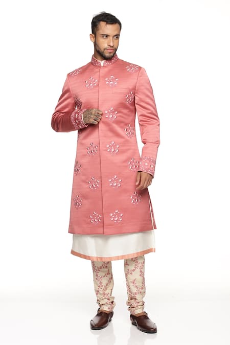Paresh Lamba Signatures Peach Cotton Spun, Polyester Silk Floral Embroidered Sherwani Set 