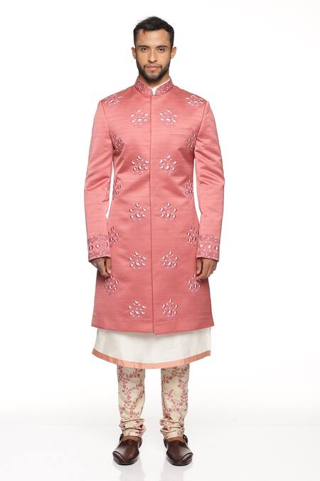 Paresh Lamba Signatures_Peach Cotton Spun, Polyester Silk Floral Embroidered Sherwani Set _Online_at_Aza_Fashions