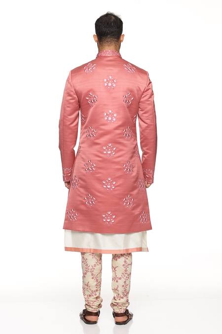 Buy_Paresh Lamba Signatures_Peach Cotton Spun, Polyester Silk Floral Embroidered Sherwani Set _Online_at_Aza_Fashions