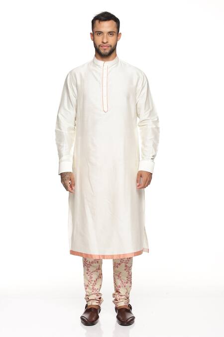 Shop_Paresh Lamba Signatures_Peach Cotton Spun, Polyester Silk Floral Embroidered Sherwani Set _Online_at_Aza_Fashions