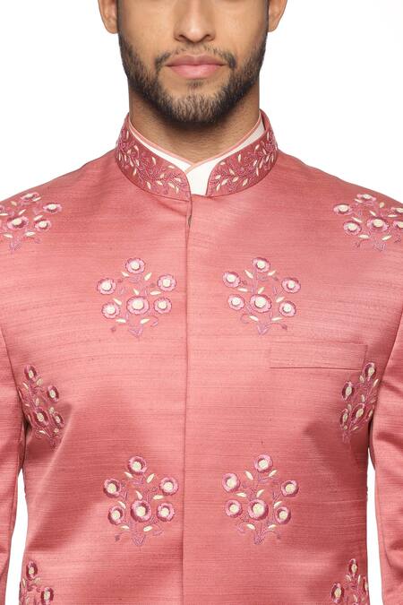 Paresh Lamba Signatures_Peach Cotton Spun, Polyester Silk Floral Embroidered Sherwani Set _at_Aza_Fashions