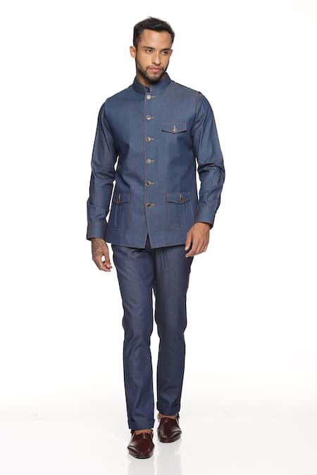 PARESH LAMBA SIGNATURES Denim Bundi & Shirt Set 