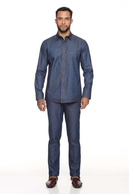 Paresh Lamba Signatures_Blue Cotton, Denim Bundi And Shirt Set _Online_at_Aza_Fashions