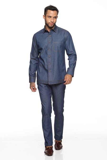 Buy_Paresh Lamba Signatures_Blue Cotton, Denim Bundi And Shirt Set _Online_at_Aza_Fashions