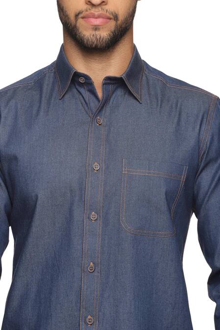 Shop_Paresh Lamba Signatures_Blue Cotton, Denim Bundi And Shirt Set _Online_at_Aza_Fashions