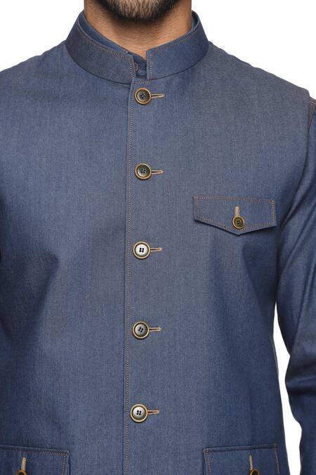 Paresh Lamba Signatures_Blue Cotton, Denim Bundi And Shirt Set _at_Aza_Fashions