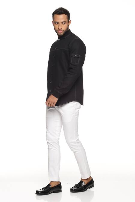 Paresh Lamba Signatures_Black Cotton Plain Denim Shirt With Ribbed Cuff And Collar_Online_at_Aza_Fashions