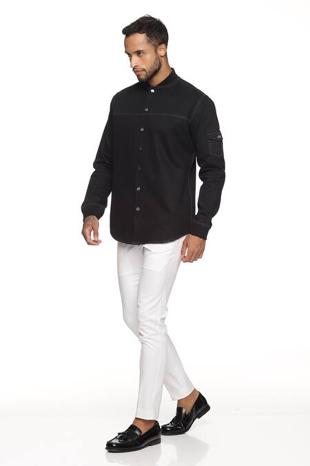 Buy_Paresh Lamba Signatures_Black Cotton Plain Denim Shirt With Ribbed Cuff And Collar_Online_at_Aza_Fashions