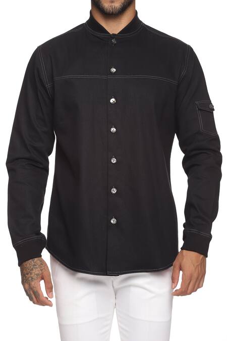 Paresh Lamba Signatures_Black Cotton Plain Denim Shirt With Ribbed Cuff And Collar_at_Aza_Fashions