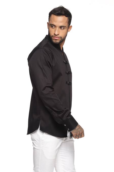 Paresh Lamba Signatures_Black Cotton Plain Shirt With Leather Strap Buttons_Online_at_Aza_Fashions