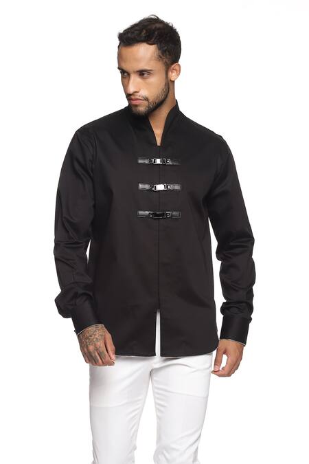 Buy_Paresh Lamba Signatures_Black Cotton Plain Shirt With Leather Strap Buttons_Online_at_Aza_Fashions