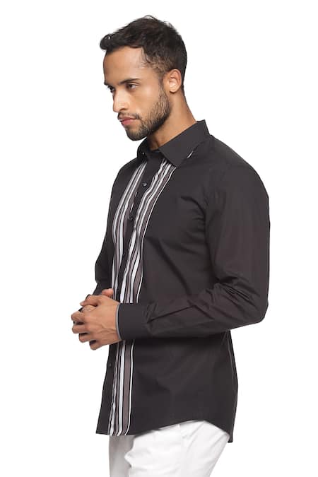 Shop_Paresh Lamba Signatures_Black Cotton Stripes Print Shirt_Online_at_Aza_Fashions
