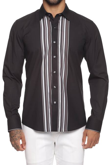Paresh Lamba Signatures_Black Cotton Stripes Print Shirt_at_Aza_Fashions