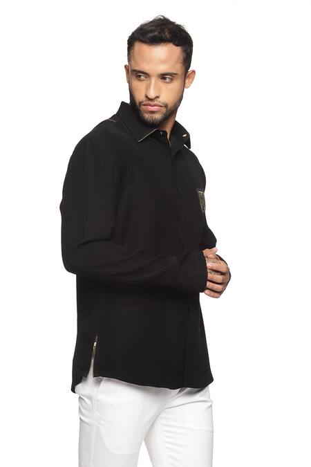 Paresh Lamba Signatures_Black Polyester Embroidered Shirt With Emblem Patch_Online_at_Aza_Fashions