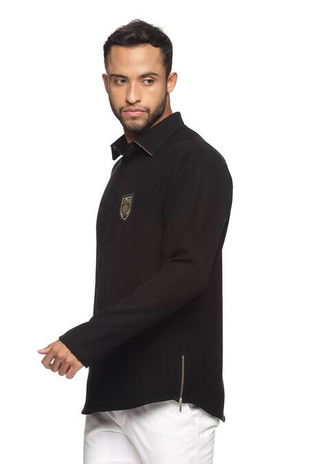 Buy_Paresh Lamba Signatures_Black Polyester Embroidered Shirt With Emblem Patch_Online_at_Aza_Fashions