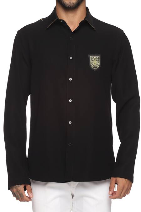 Paresh Lamba Signatures_Black Polyester Embroidered Shirt With Emblem Patch_at_Aza_Fashions