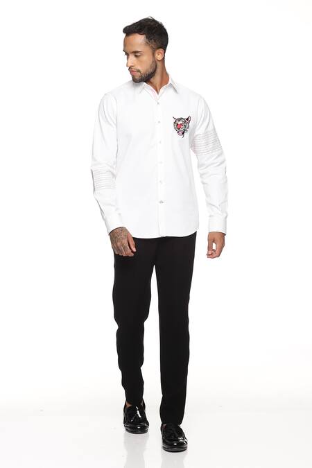 PARESH LAMBA SIGNATURES White Cotton Denim Embroidery Tiger Shirt  