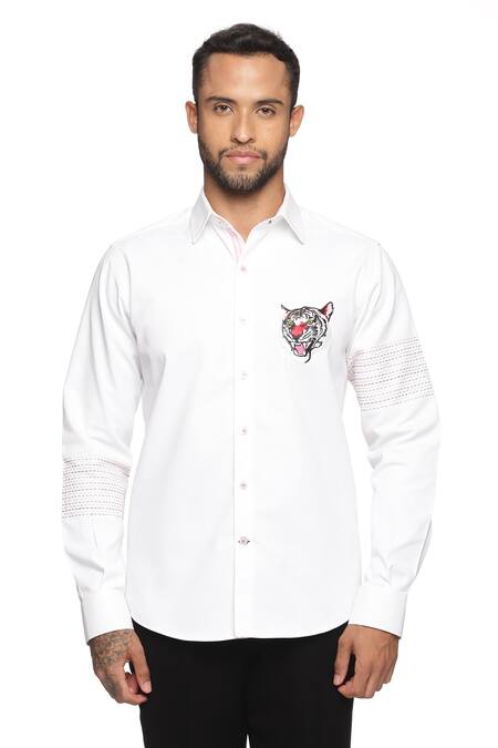 Paresh Lamba Signatures_White Cotton Denim Tiger Shirt_Online_at_Aza_Fashions